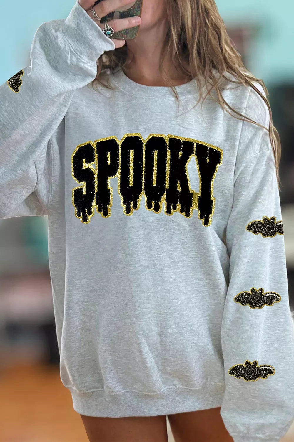 Sequin SPOOKY Halloween Bat Embellished Sleeve Pullover Sweatshirt - Lilixa.store