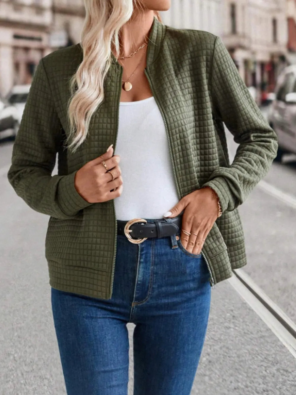 Zip Up Long Sleeve Jacket in Army Green