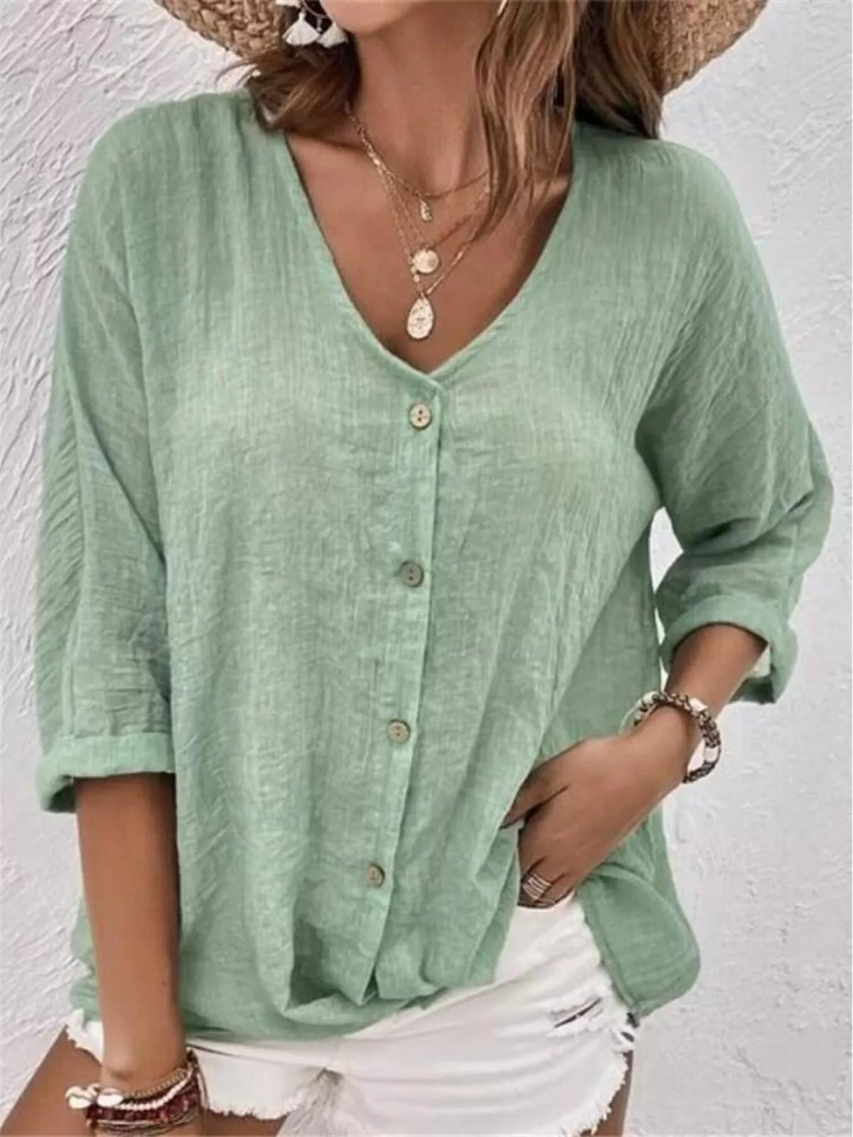 Full Size Casual V-Neck Button-Down Blouse Plus Size in Green