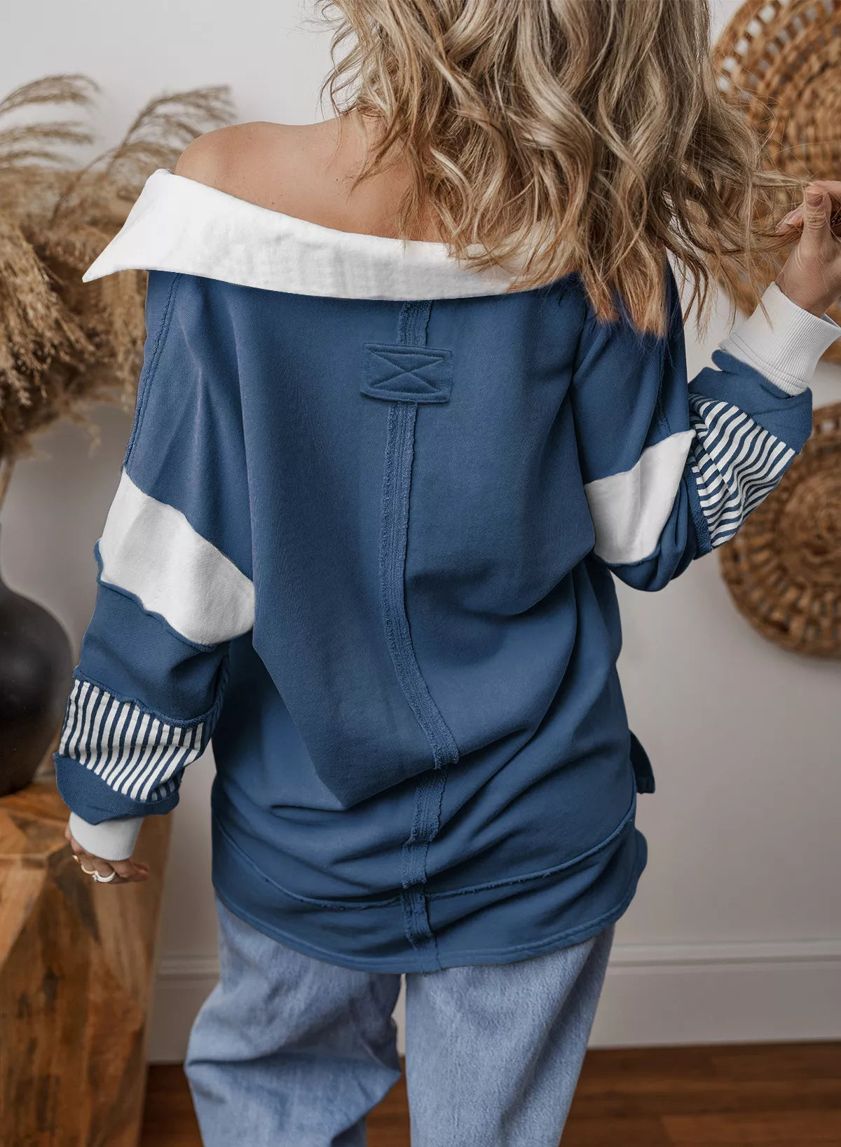 Color Block Striped Johnny Collar Sweatshirt - Lilixa.store