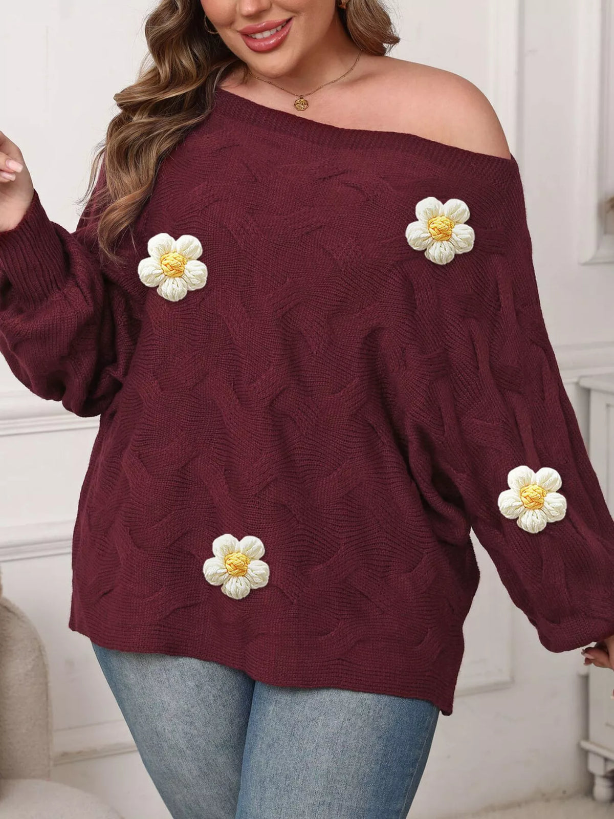 Plus Size One-Shoulder Floral Applique Sweater in Wine Red, view 2