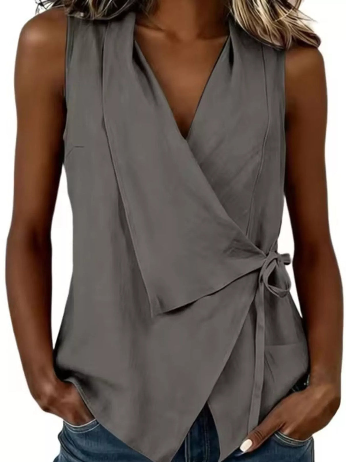 Tie Detail Sleeveless Top in Gray