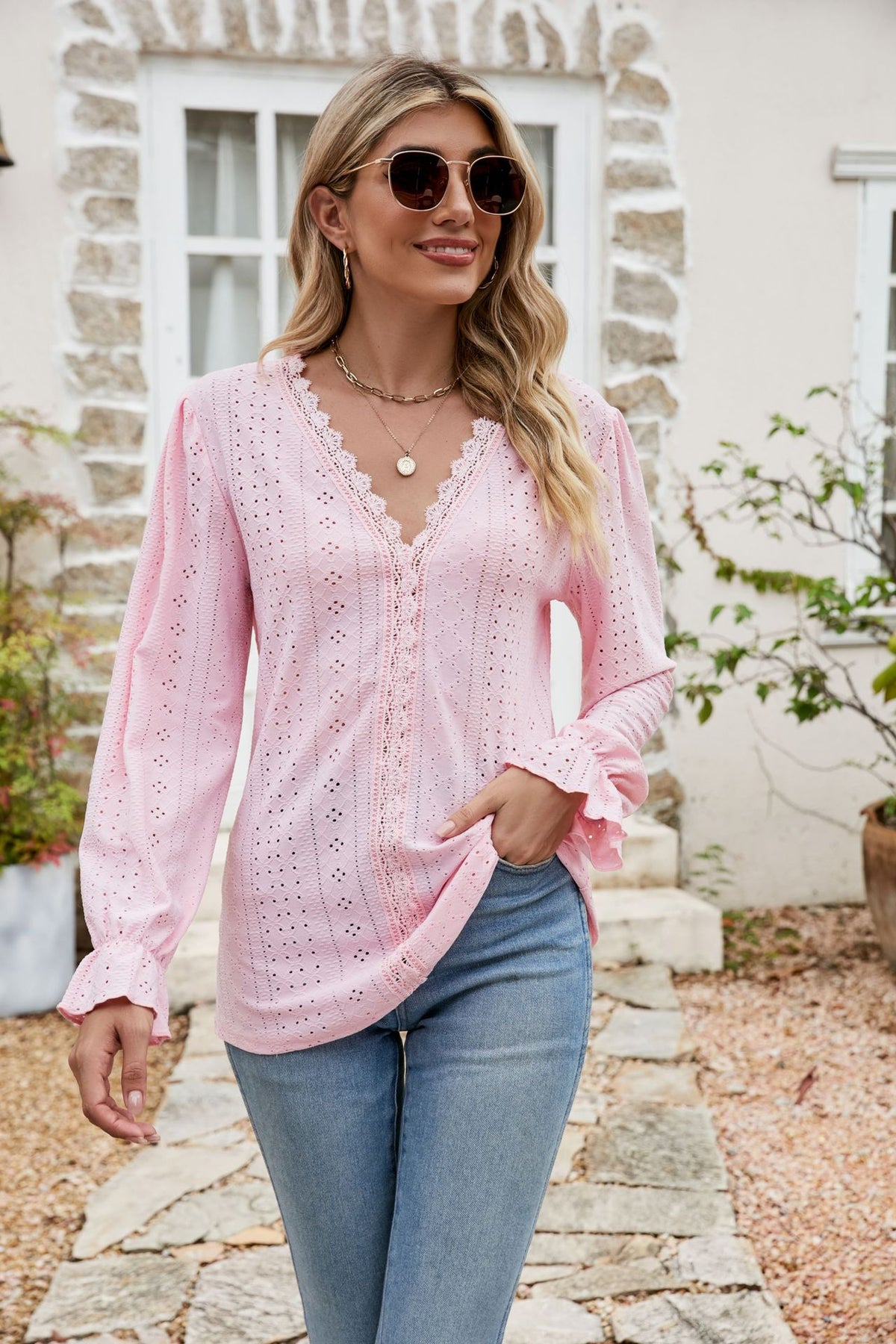 Eyelet Lace Trim Flounce Sleeve Blouse in Blush Pink