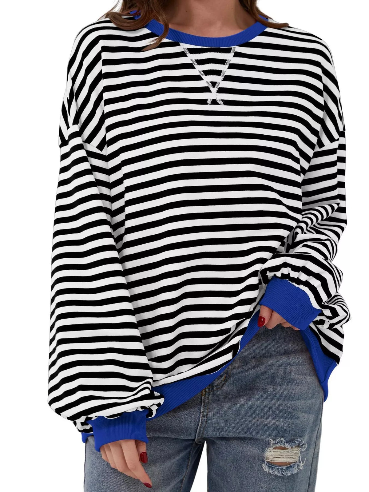 Striped Contrast Trim Oversized Sweatshirt - Lilixa.store