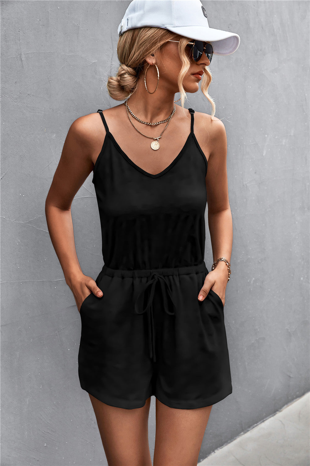 Spaghetti Strap V-Neck Pocket Romper - Lilixa.store