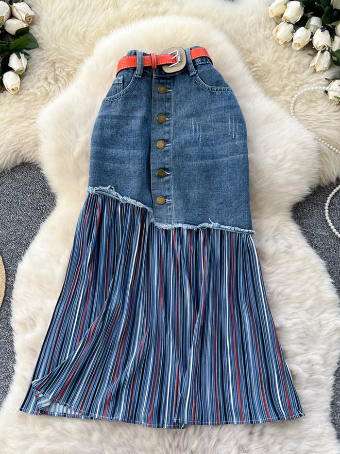 Full Size Striped Patchwork Denim Skirt Plus Size - Lilixa.store