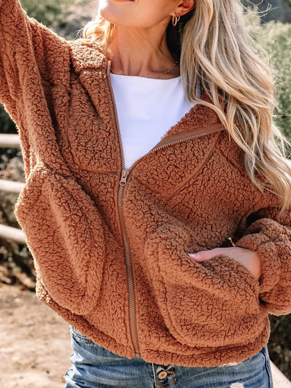 Zip Up Hooded Sherpa Jacket in Caramel, view 4
