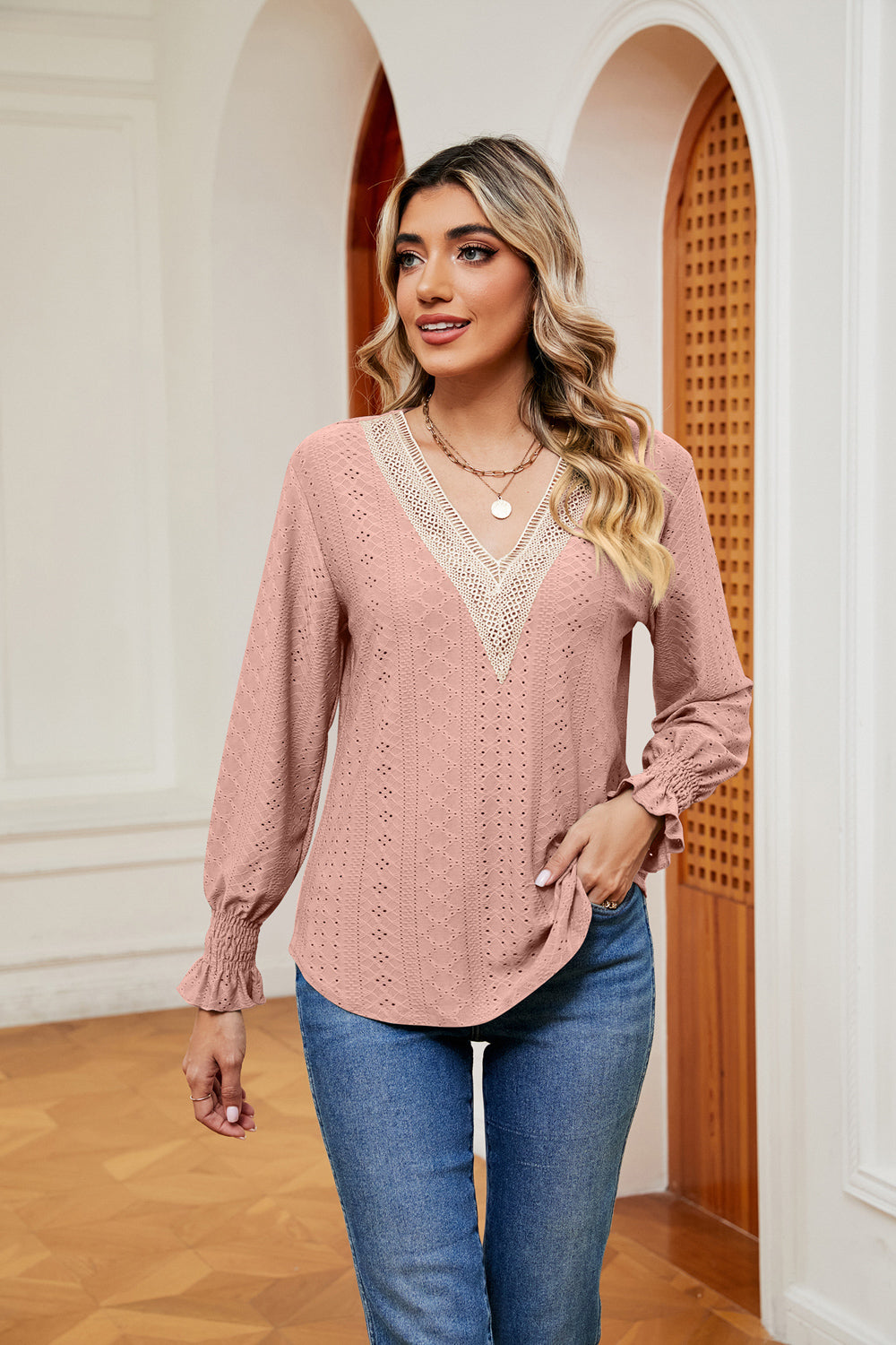 Contrast Flounce Sleeve Blouse in Dusty Pink