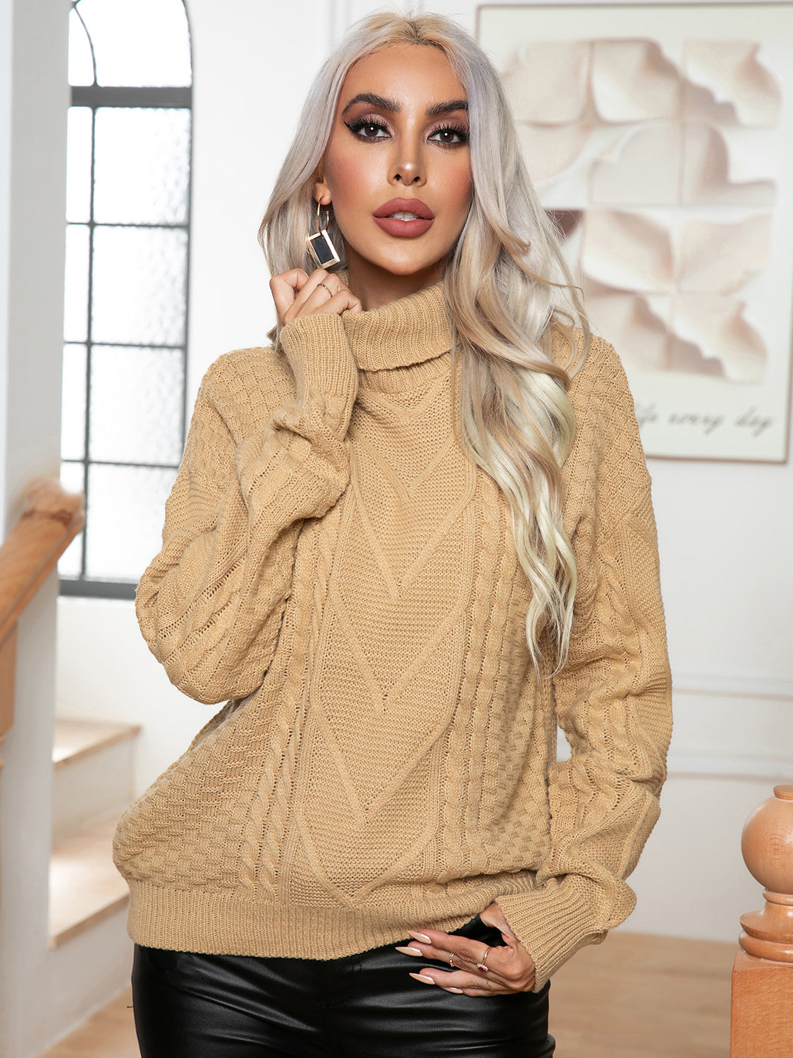 Turtleneck Cable-Knit Long Sleeve Sweater, view 4