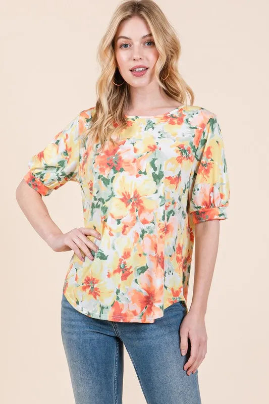 BOMBOM Floral Round Neck Puff Sleeve Top - Lilixa.store