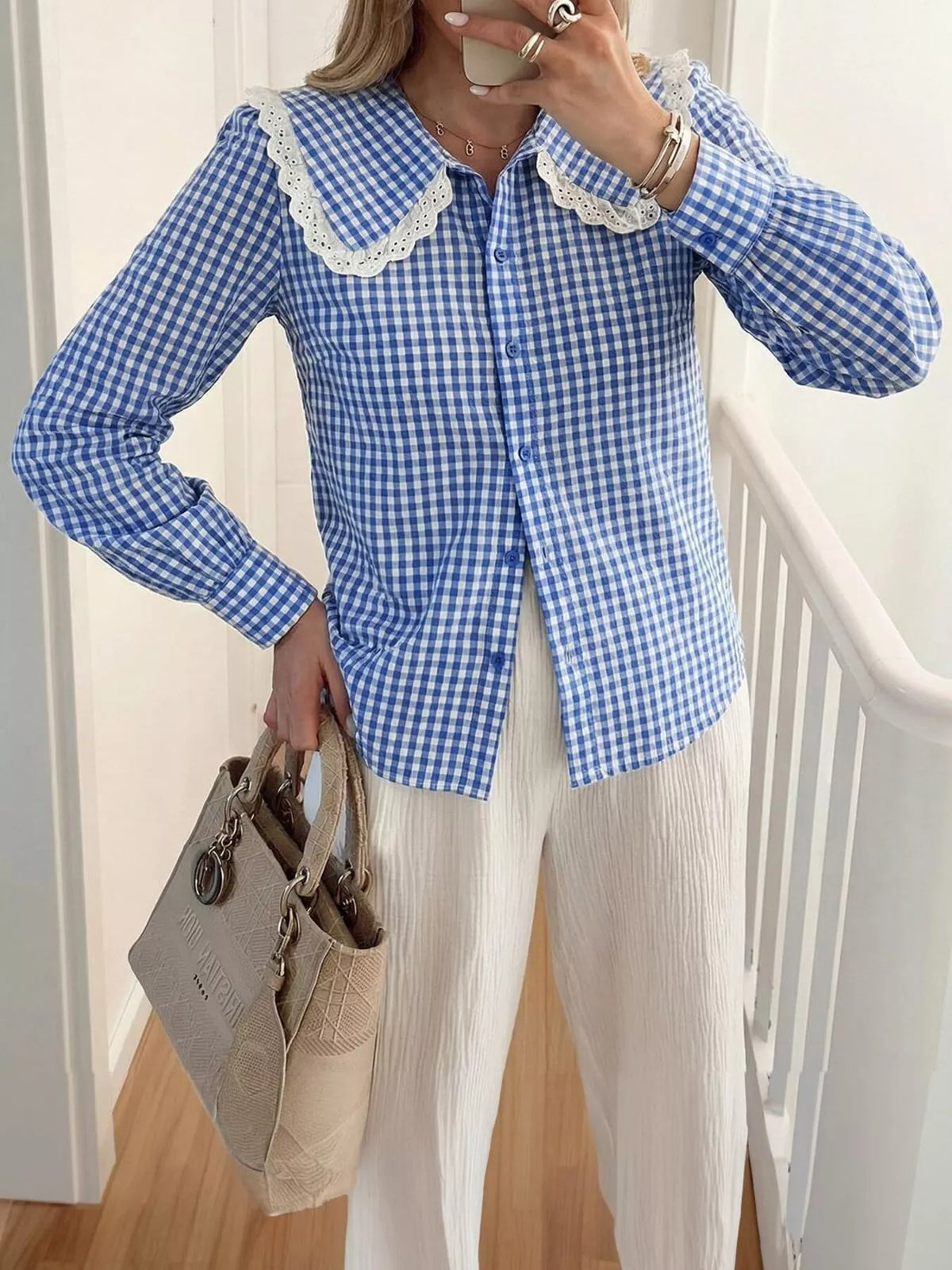 Lace Peter Pan Collar Button Up Shirt in Blue