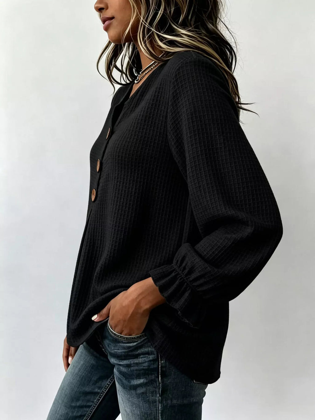 Waffle Knit Long Sleeve Top - Lilixa.store