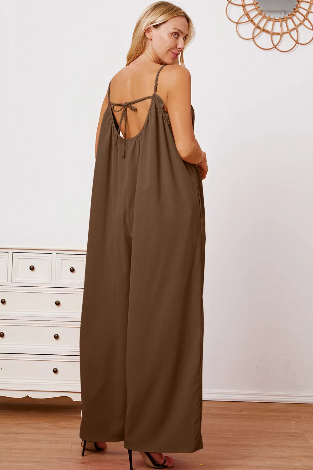 Double Take Full Size Ruffle Trim Tie Back Cami Jumpsuit with Pockets - Lilixa.store