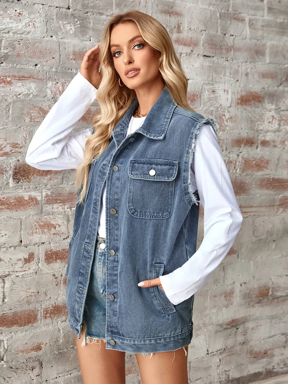 Raw Hem Sleeveless Button Up Denim Jacket, view 2
