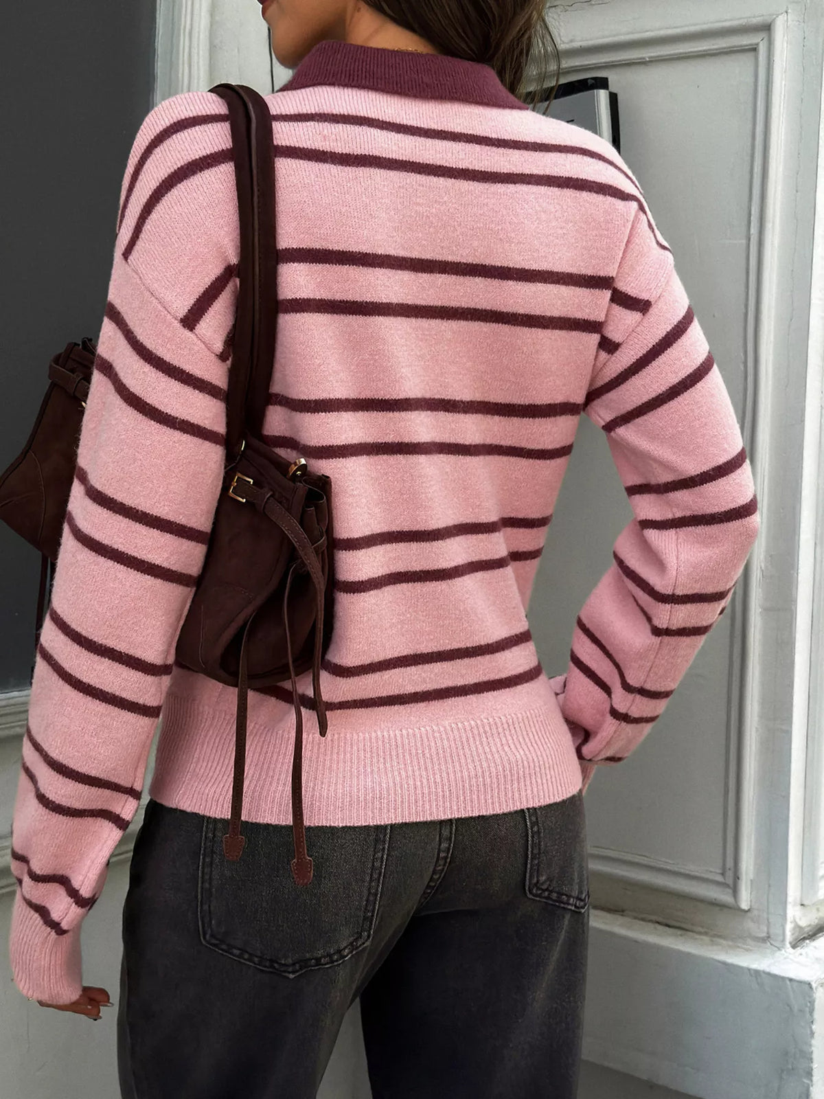 Striped Polo Collar Dropped Shoulder Sweater