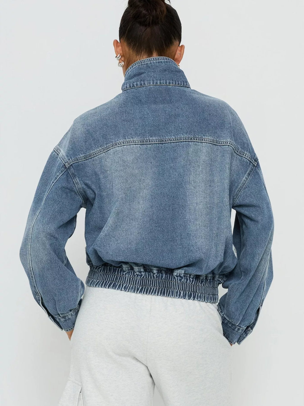 Washed Stand-Up Collar Denim Jacket - Lilixa.store