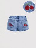 Cherry Embroidered Denim Shorts - Lilixa.store