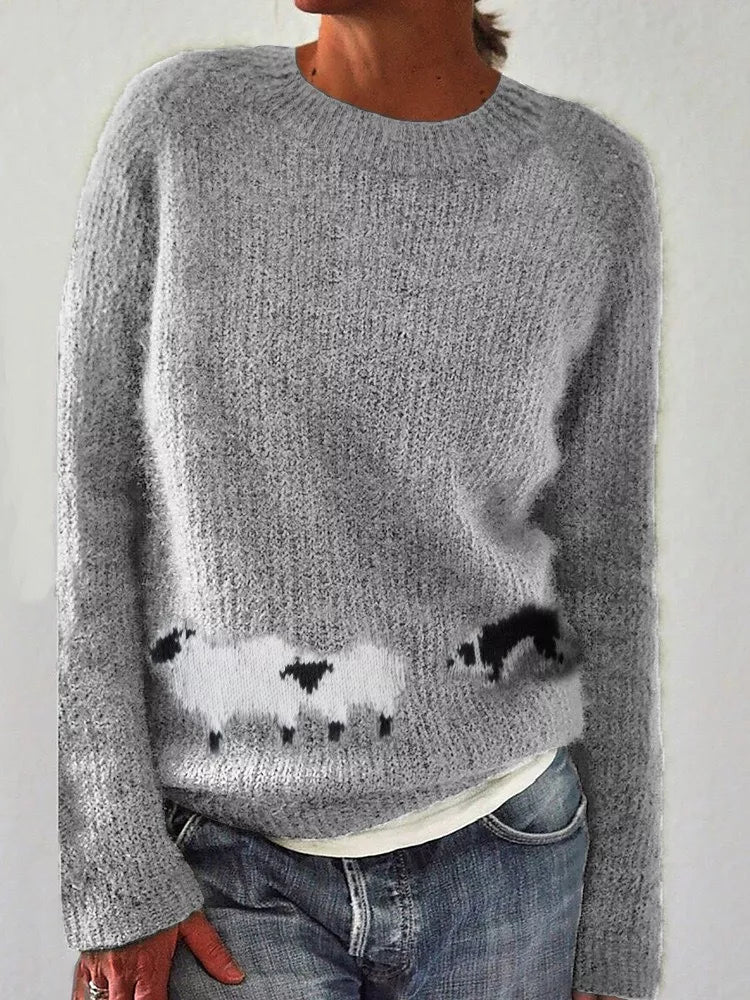 Full Size Sheep Pattern Round Neck Sweater Plus Size