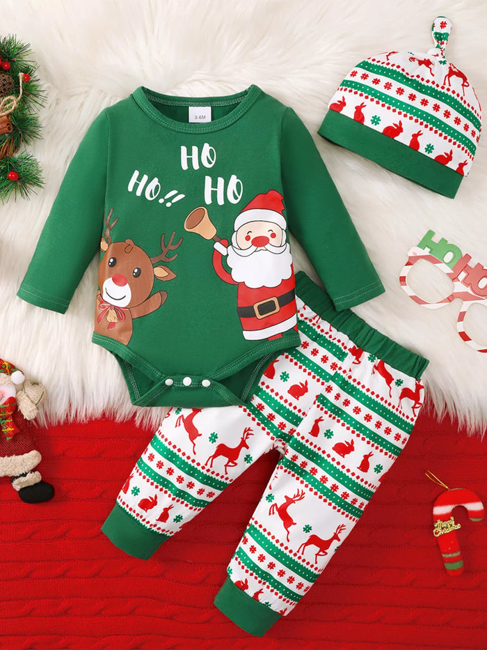 Children's Christmas Santa and Reindeer Print Long Sleeve Bodysuit and Pants Set with Hat in Green