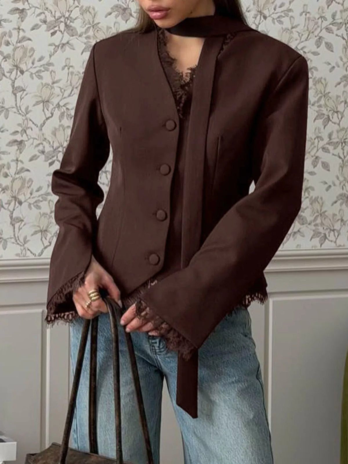 Lace Trim Button Up Blazer - Lilixa.store