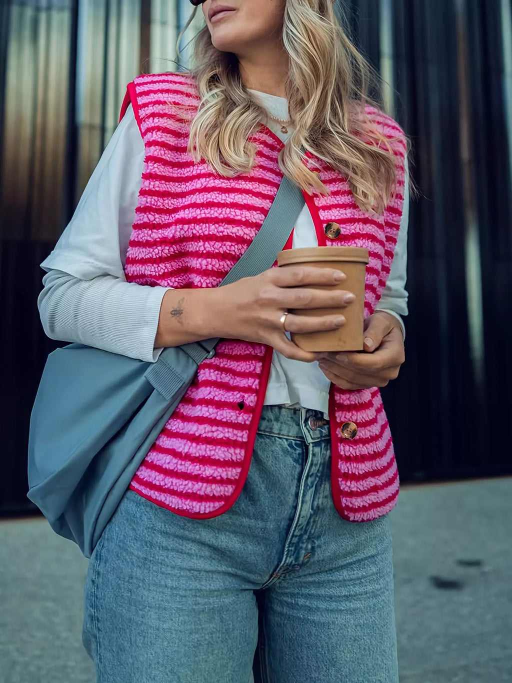 Striped Fleece Button-Up Vest Coat - Lilixa.store