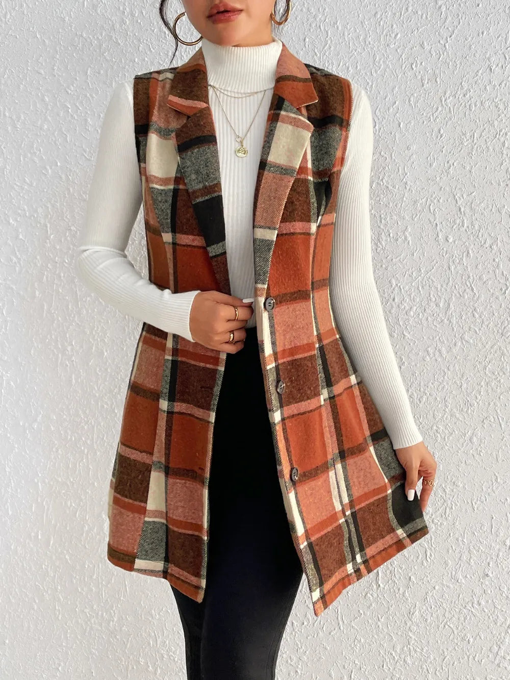 Honey Plaid Button Up Vest Coat in Caramel
