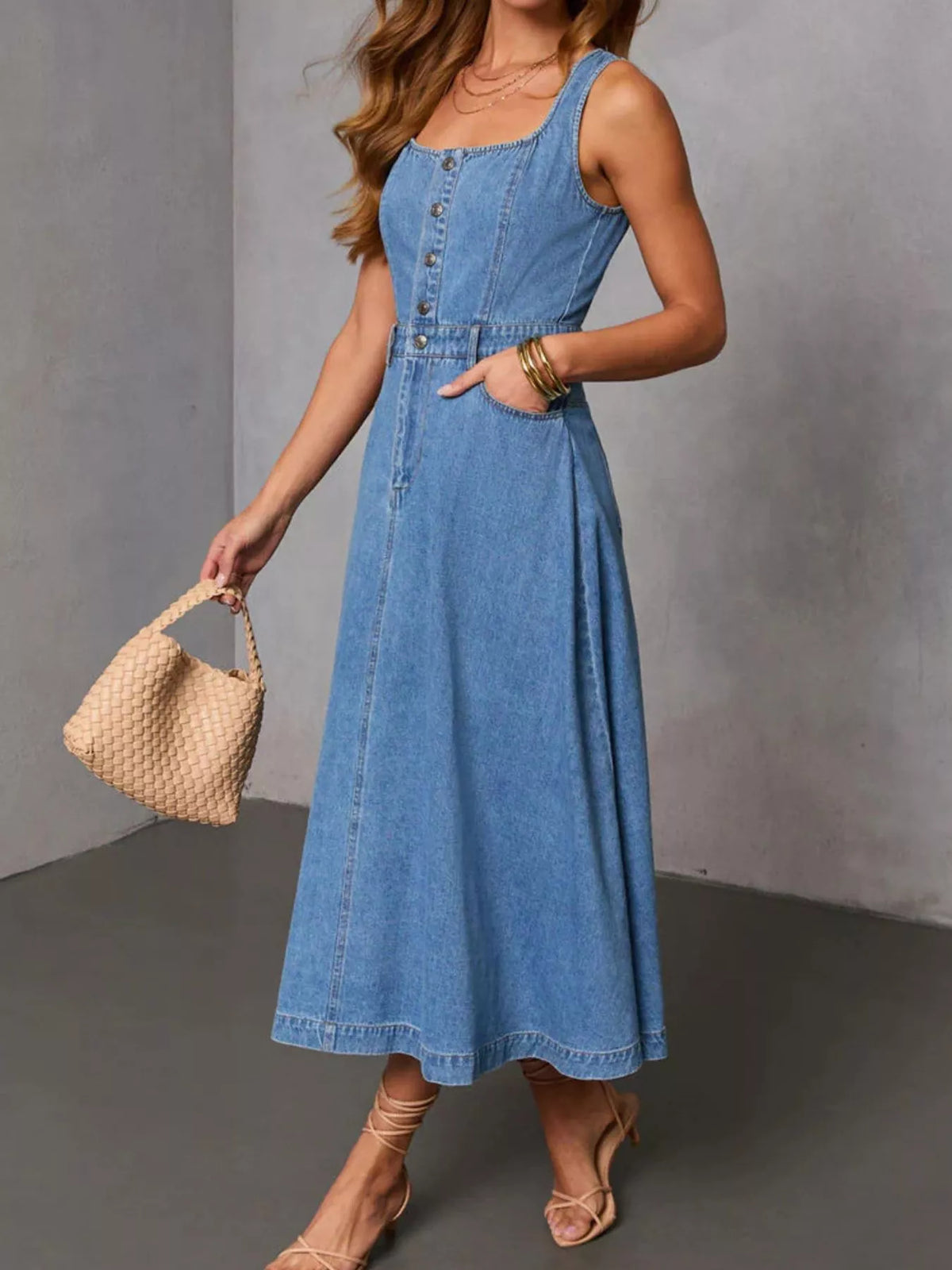 Sleeveless Button-Down Denim Midi Dress - Lilixa.store