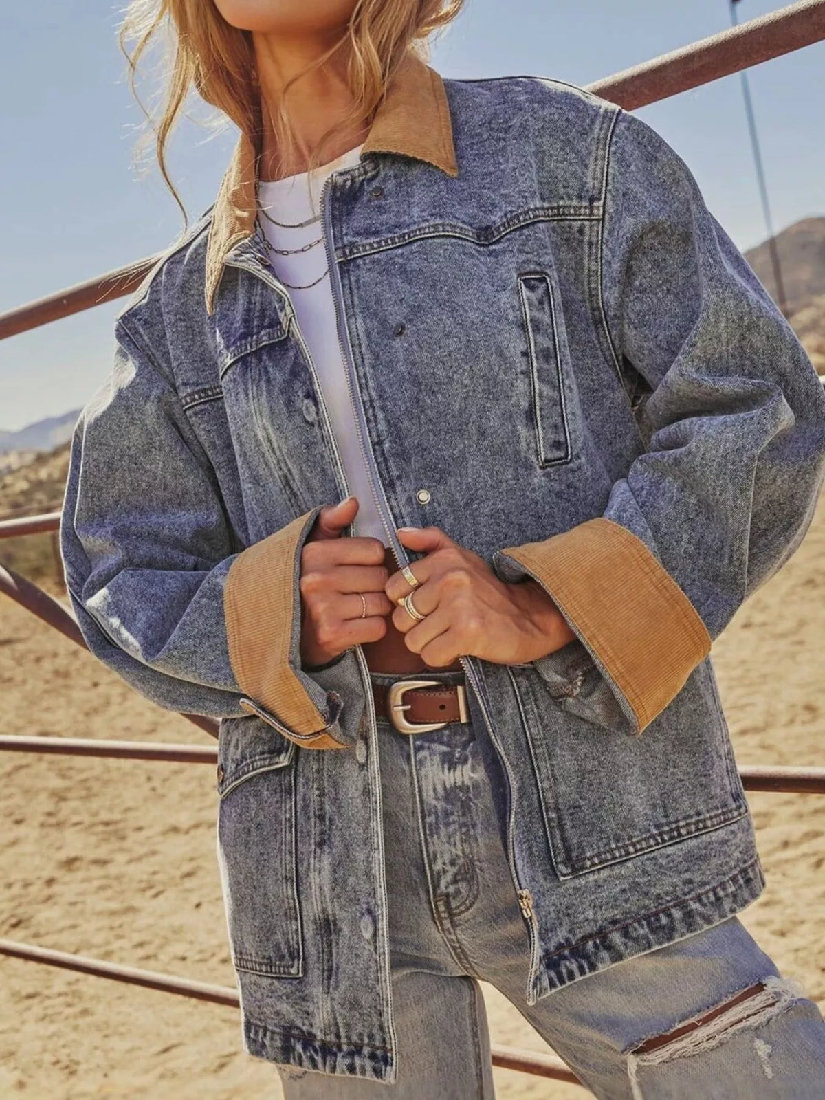 Zip Up Contrast Corduroy Collar Denim Jacket