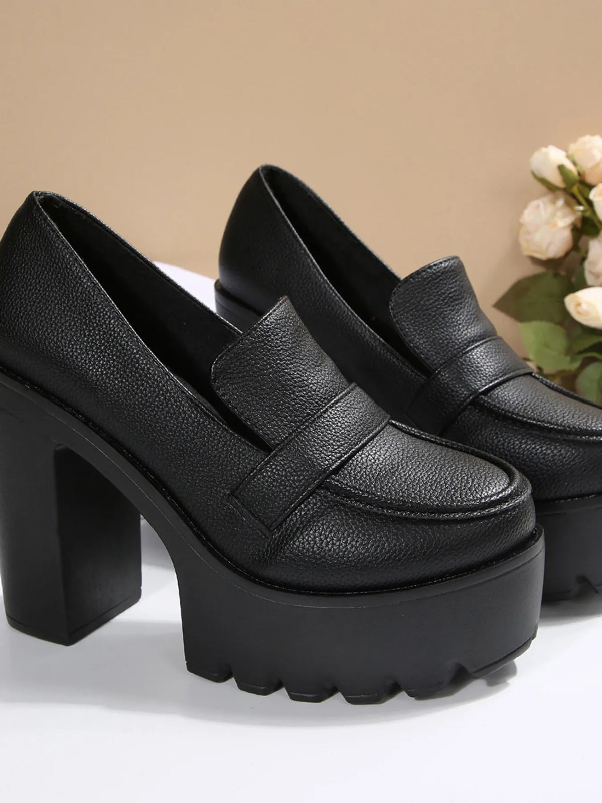 Round Toe Platform Block Heels Pumps - Lilixa.store
