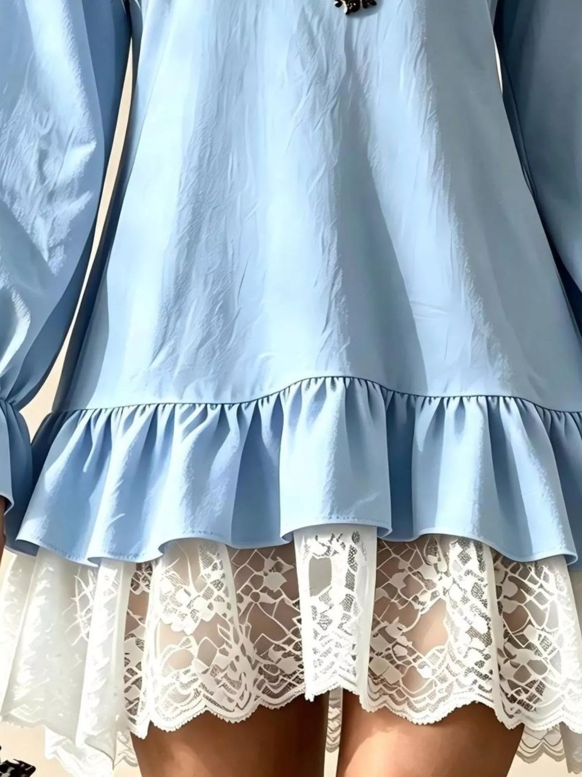V-Neck Long Sleeve Ruffle Hem Lace Trim Mini Dress, view 6