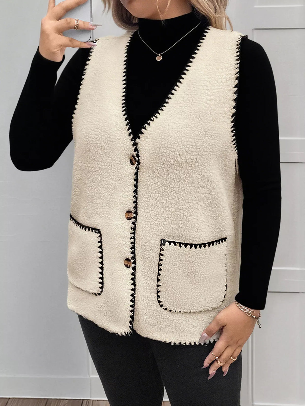Plus Size Contrast Trim Button Up Vest Coat in Beige, view 3