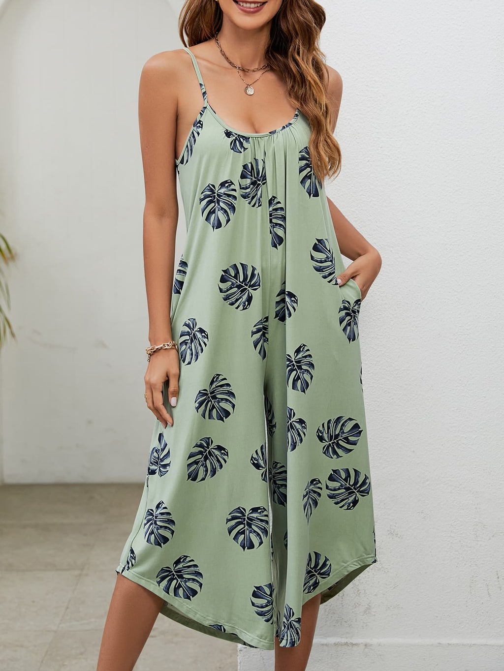 Botanical Print Spaghetti Strap Scoop Neck Jumpsuit - Lilixa.store