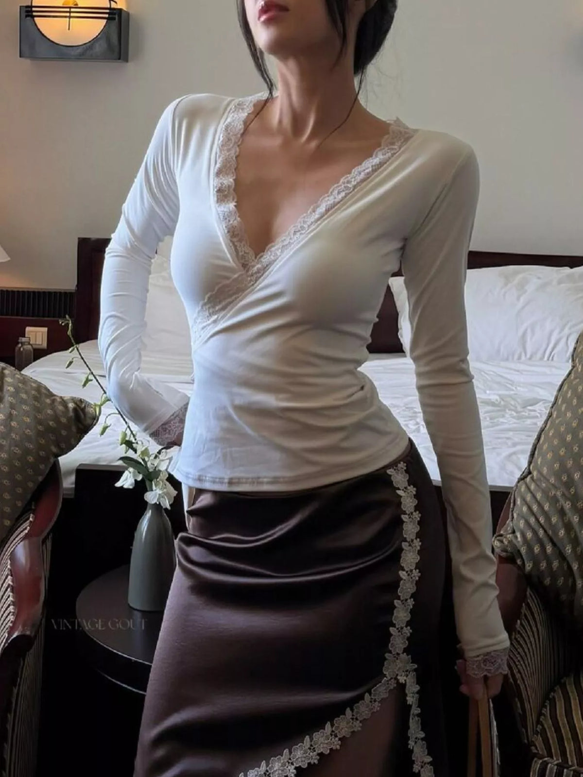 Lace-Trimmed Long Sleeves Wrap Blouse - Lilixa.store