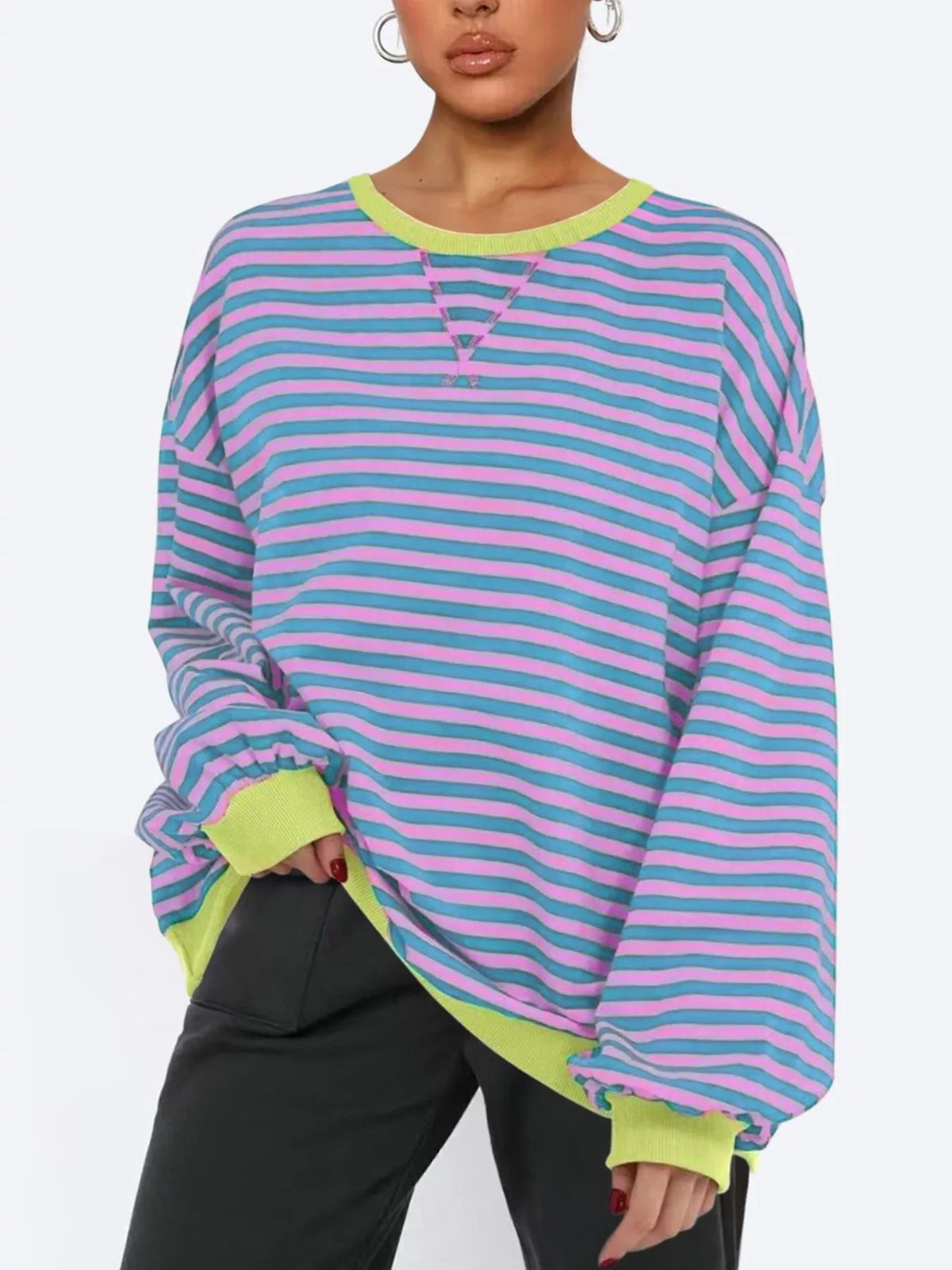 Striped Round Neck Long Sleeve Sweatshirt - Lilixa.store