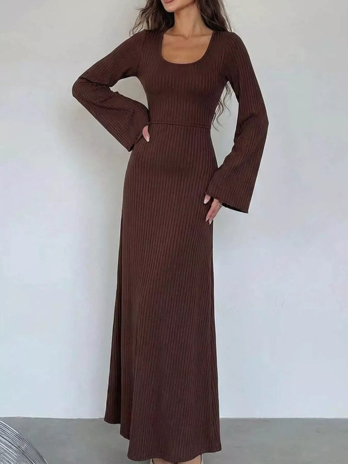 Elegant Ribbed Knit Long Sleeve Maxi Dress in Coffee Brown