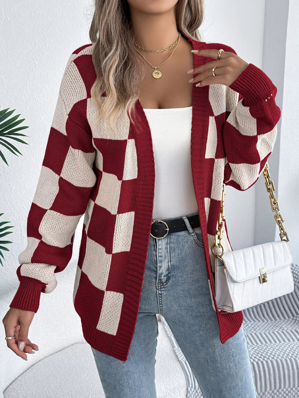 Checkerboard Pattern Open Front Knit Cardigan - Lilixa.store