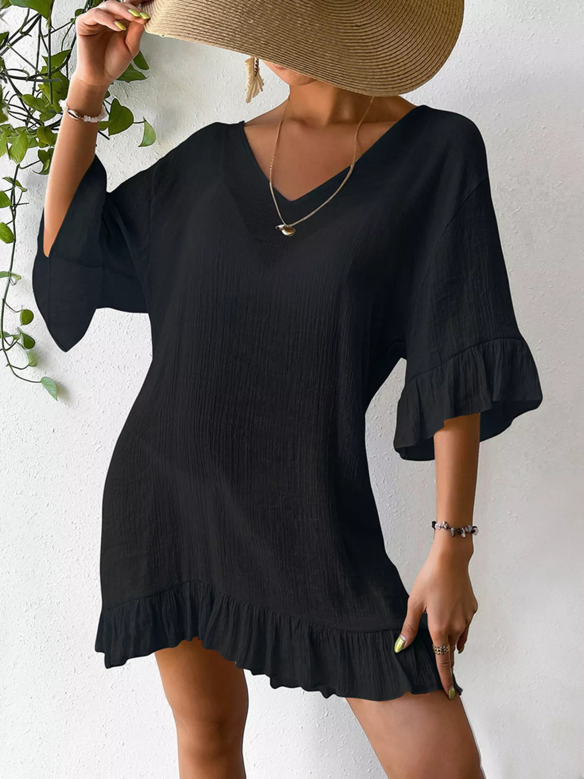 Ruffle Trim Butterfly Back V-Neck Cover-Up Dress - Lilixa.store