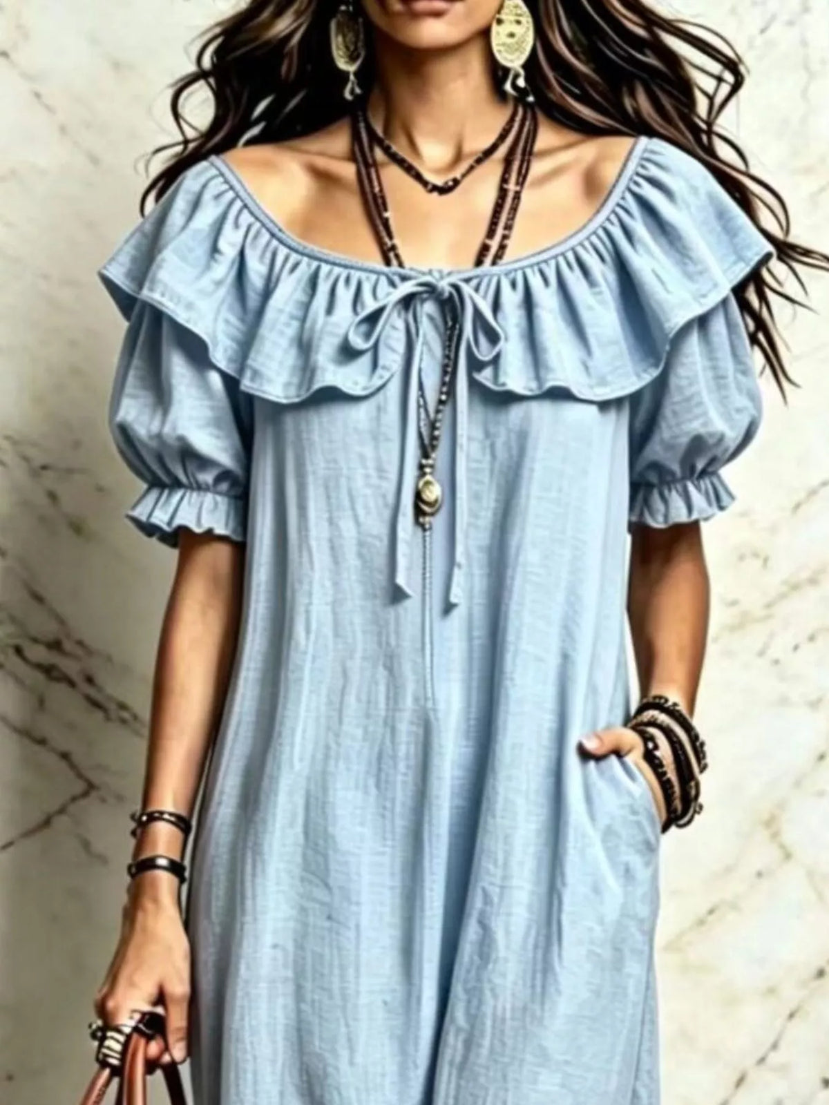 Ruffle Trim Puff Sleeve Maxi Dress - Lilixa.store