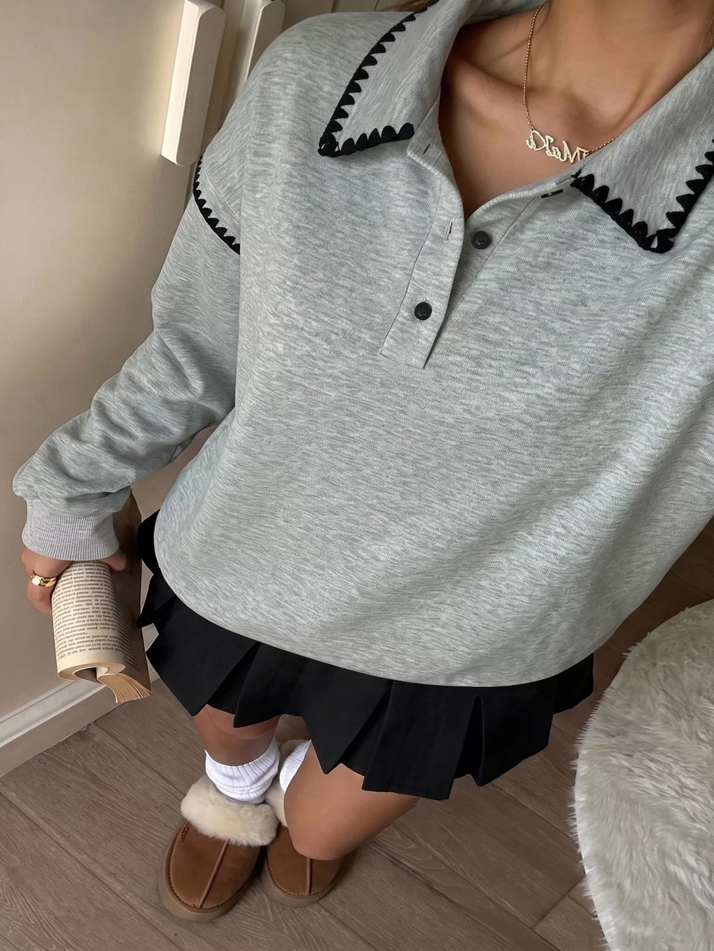 Polo Collar Dropped Shoulder Sweatshirt - Lilixa.store