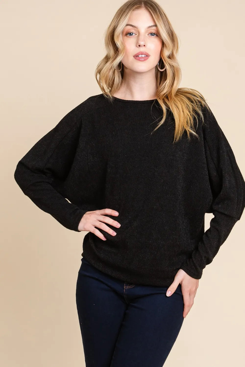 BOMBOM Drop Shoulder Long Sleeve Knit Top - Lilixa.store