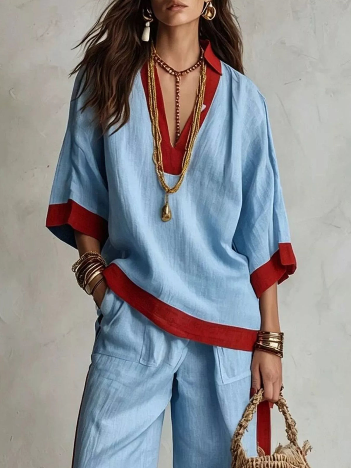 Full Size Contrast Trim Top and Wide Leg Pants Set Plus Size