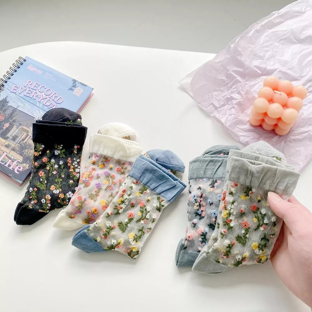 Floral Sheer Crew Socks 5 Pair Set