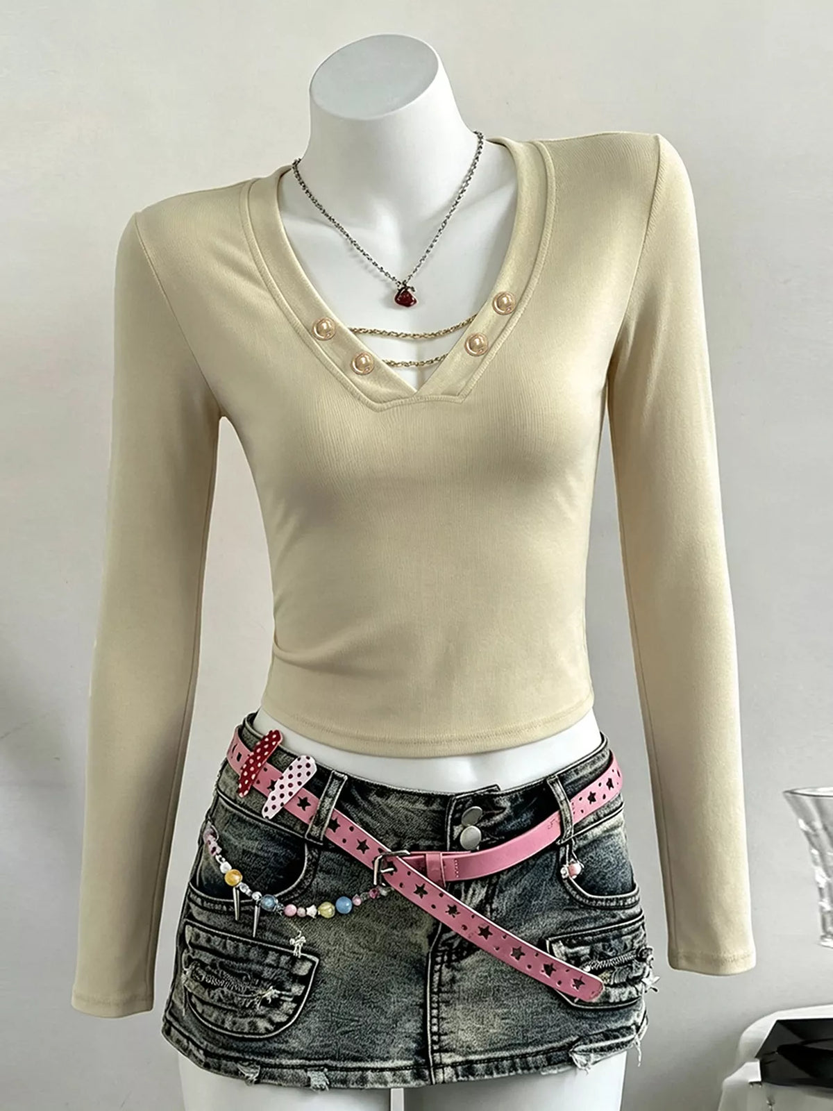 Decorative Pearl Buttons V-Neck Long Sleeve T-Shirt - Lilixa.store