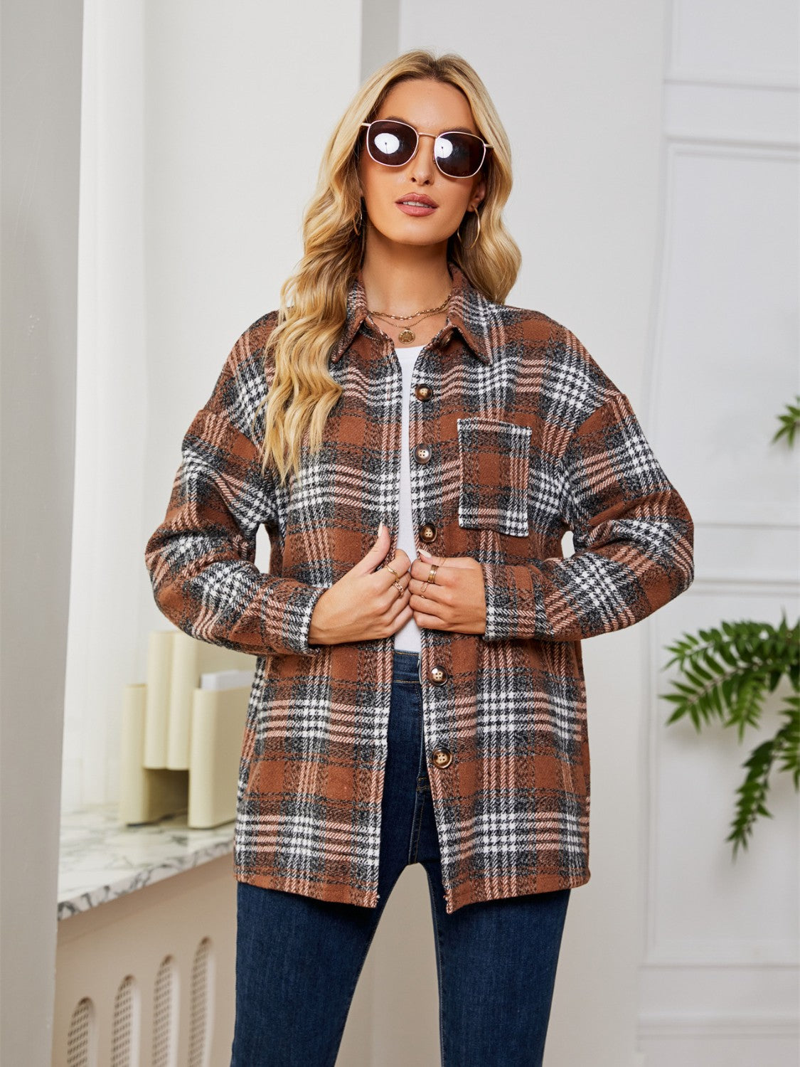 Plaid Collared Shirt Jacket in Chocolate