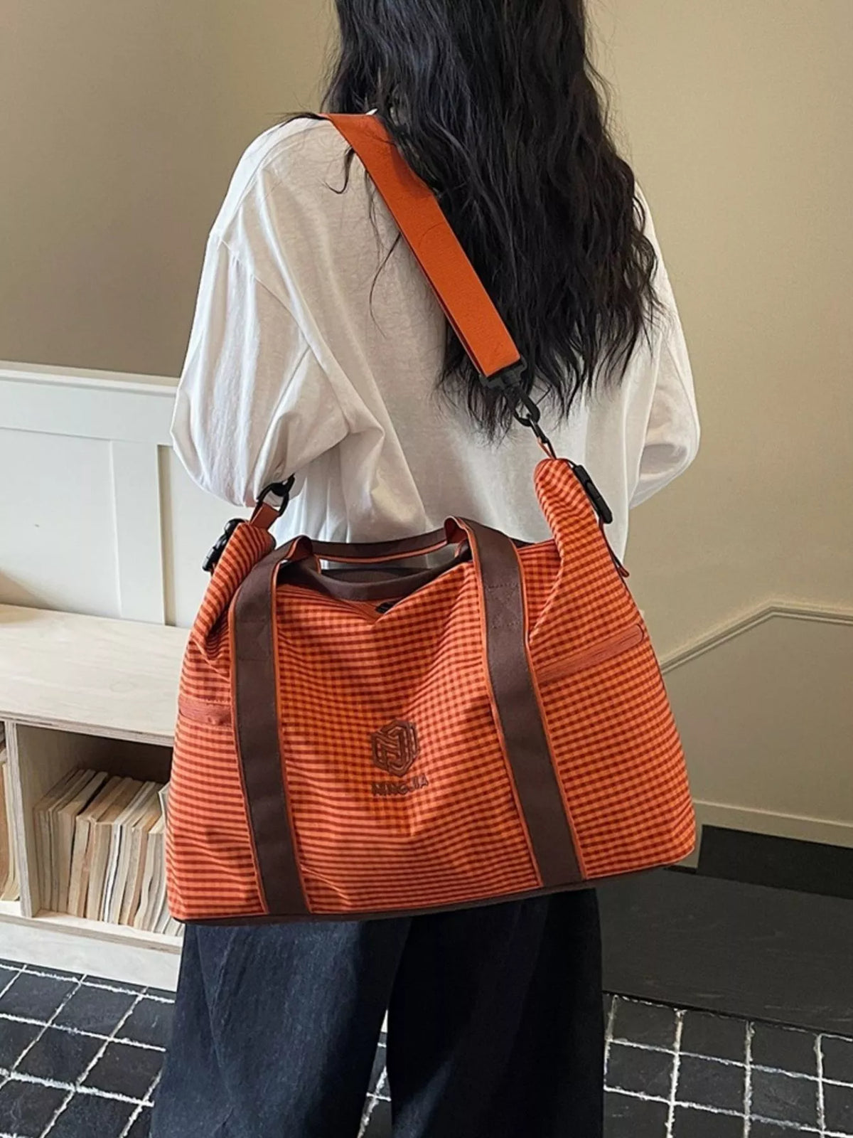 Plaid Oxford Cloth Travel Bag, view 3