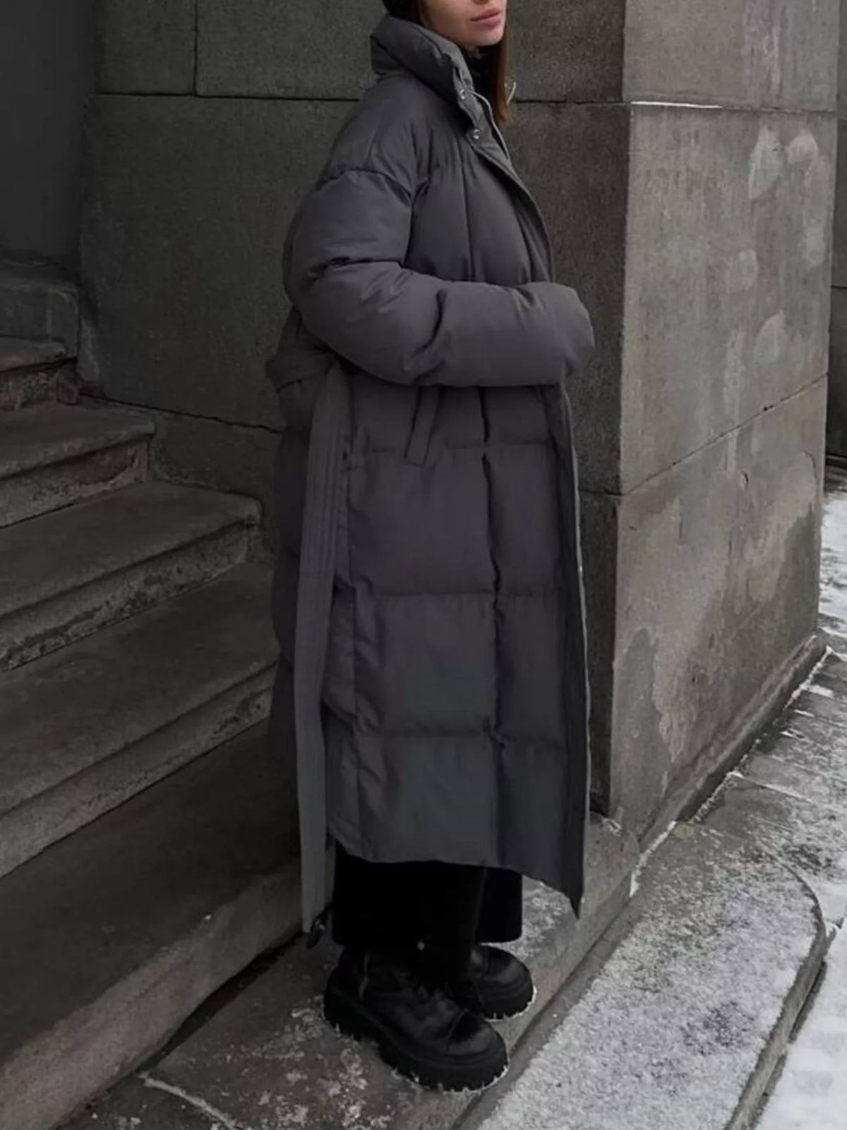Longline Padded Winter Coat with Belted, view 19