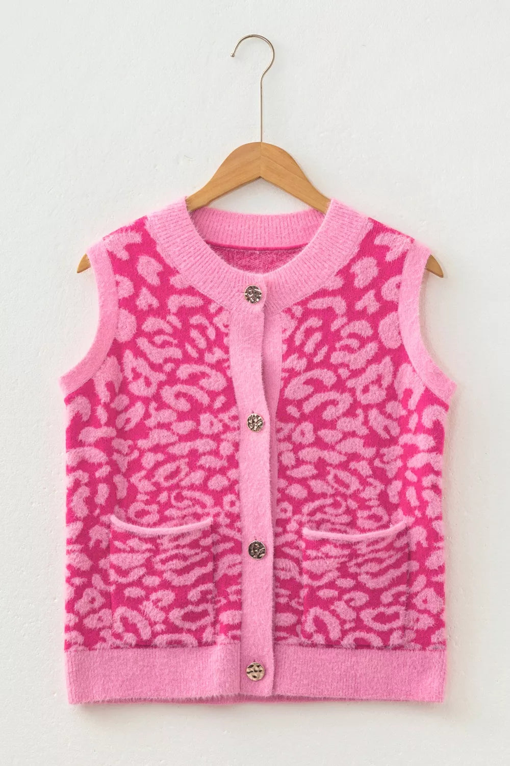 Leopard Button-Down Fuzzy Sweater Vest in Pink, view 6