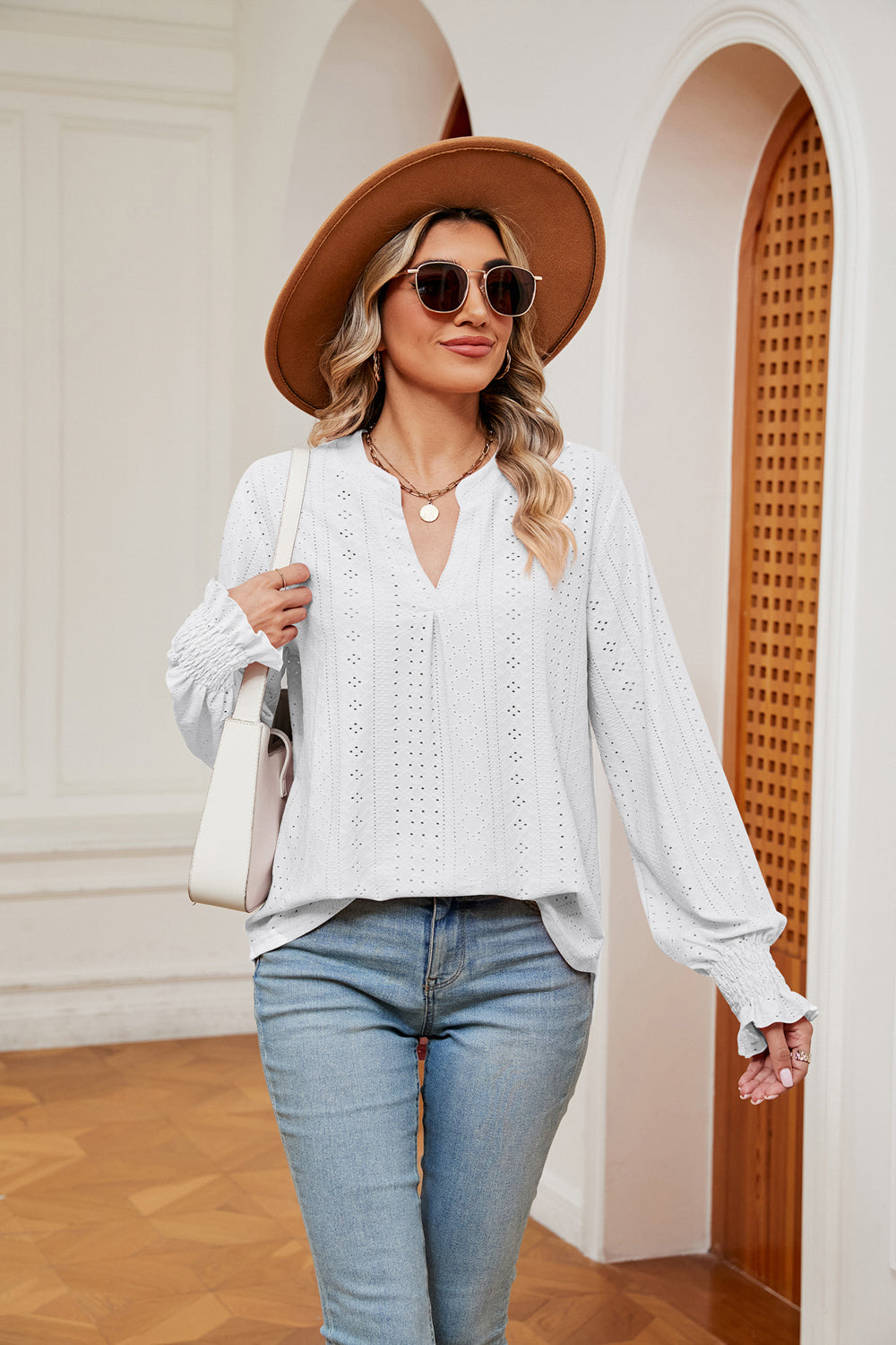 Notched Neck Flounce Sleeve Blouse in White