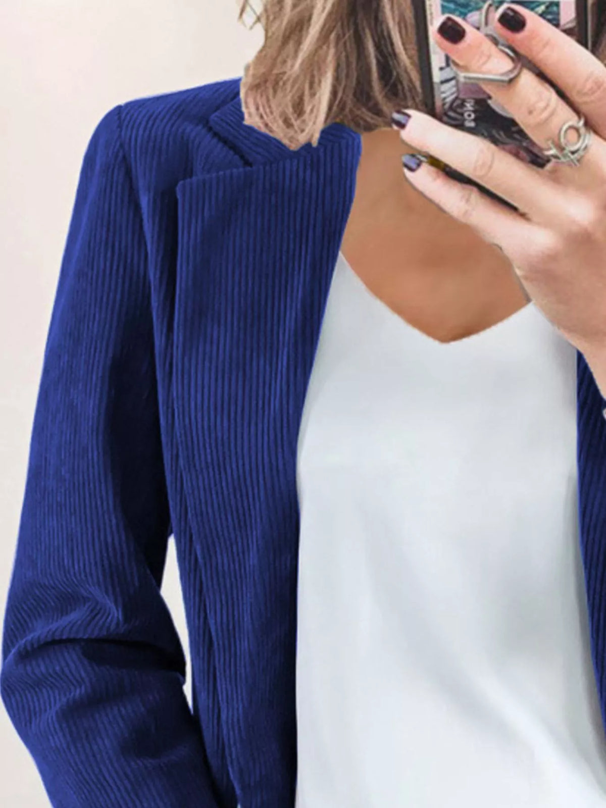 Corduroy Lapel Collar Casual Blazer in Color Blue