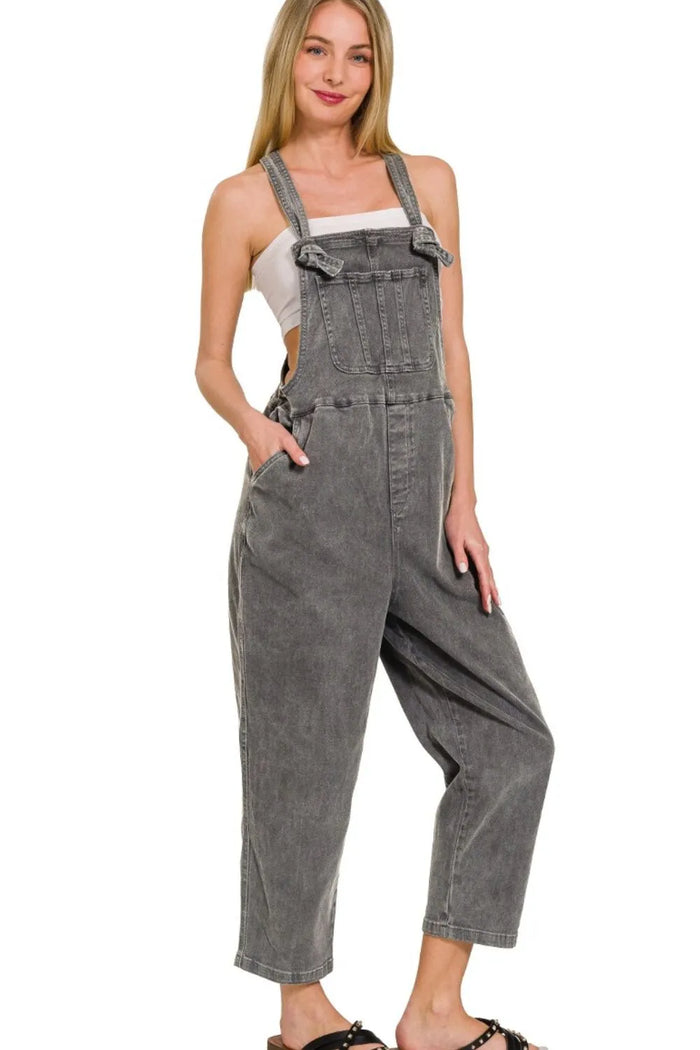 Zenana Washed Knot Strap Relaxed Fit Overalls - Lilixa.store